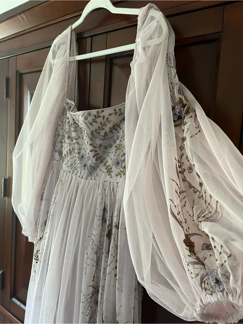 Anthropologie Dusty Rose Floral Embroidered Puff-Sleeve Gown - Picture 4 of 7